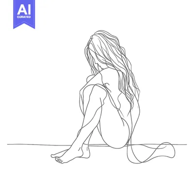A Single Line Drawing of a Woman Sitting with Her Knees Drawn Up to He