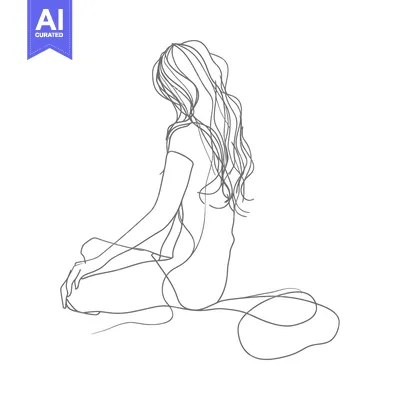 Aset premium populer: Line Art Drawing of a Woman Sitting with Long Hair