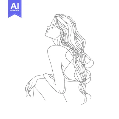 Aset premium populer: A single-line drawing of a woman with long flowing hair, sitting and l