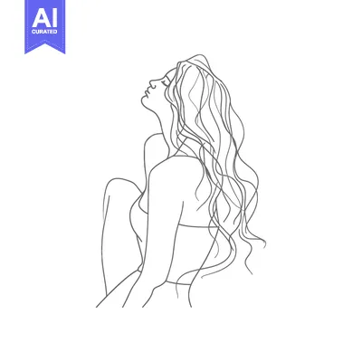 Premium design asset: Line Art Drawing of a Woman with Long Hair Looking Up
