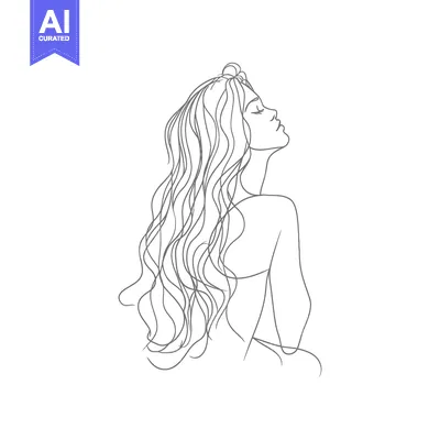Aset premium populer: Line Art Drawing of a Woman with Long Wavy Hair