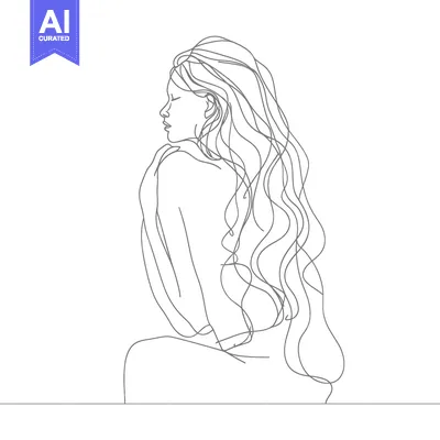 Premium design asset: Line Drawing of a Woman with Long Hair Sitting in Profile