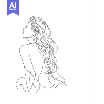 Aset premium populer: Line Art Illustration of a Woman with Long Wavy Hair Looking Upward