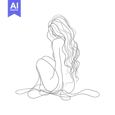 Aset desain premium: Line Art Illustration of a Woman with Long Flowing Hair Sitting Down