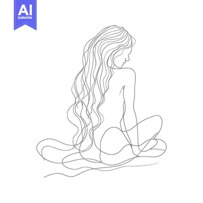 Aset premium populer: Single-Line Drawing of a Woman Sitting with Long Hair