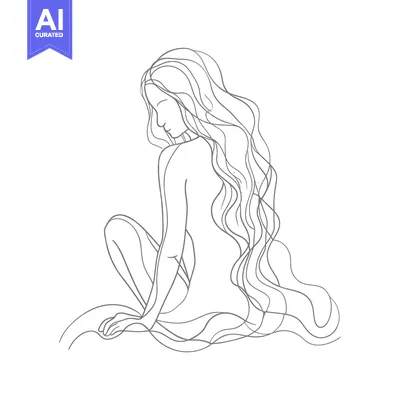 Aset desain premium: A Line Drawing of a Woman with Long Hair Sitting on a Cloud
