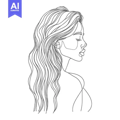 Aset desain premium: Line Art Illustration of a Woman with Long Wavy Hair