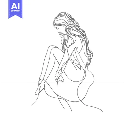 Aset desain premium: A Single-Line Drawing of a Woman Sitting with Long Hair