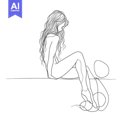 Aset desain premium: Line Art Illustration of a Woman Sitting with Long Flowing Hair