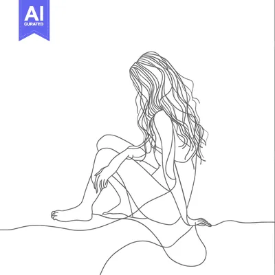 Aset premium populer: Single-Line Drawing of a Woman Sitting with Long Hair