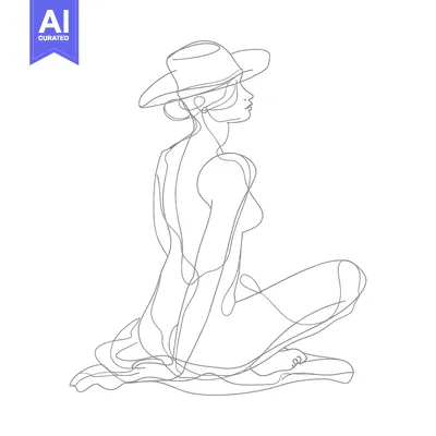 Aset premium populer: A Continuous Line Drawing of a Woman Sitting with a Hat on