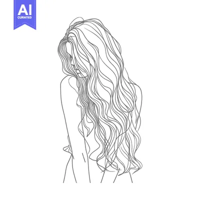 Aset desain premium: Line Drawing of a Woman with Long Wavy Hair