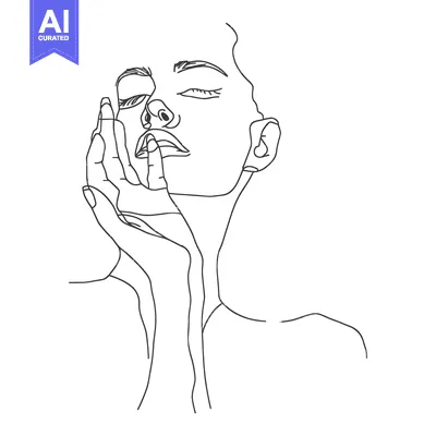Aset desain premium: Line Art Portrait of a Woman with Closed Eyes and Hand on Face