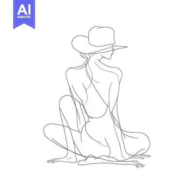 Aset premium populer: Line Drawing of a Woman in a Hat Sitting with Her Back to the Viewer