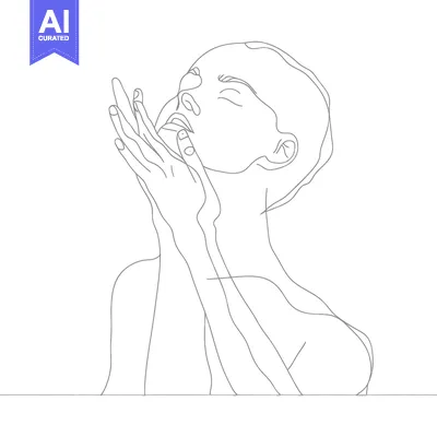 Aset premium populer: Single Line Drawing of a Woman with Eyes Closed, Hands Raised