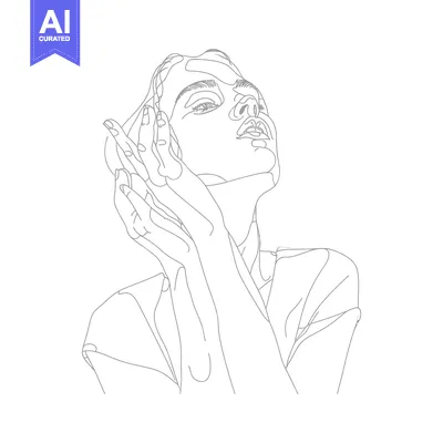 Premium design asset: Line Art Drawing of a Woman with Her Hands on Her Face