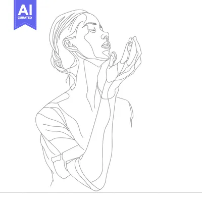 Aset premium populer: Line Art Portrait of a Woman with Closed Eyes and Hands Raised