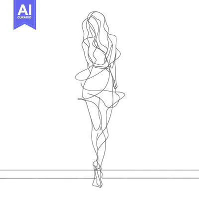 Aset premium populer: Single-Line Drawing of a Woman in a Dress, Back View