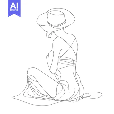Aset desain premium: Line Art Illustration of a Woman in a Hat and Dress Sitting Down