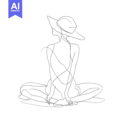 Aset premium populer: One Line Drawing of a Woman Sitting with a Hat