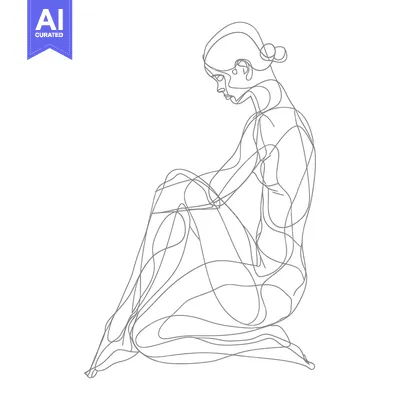 Aset desain premium: Line Art Drawing of a Woman Sitting Kneeling with a Bun