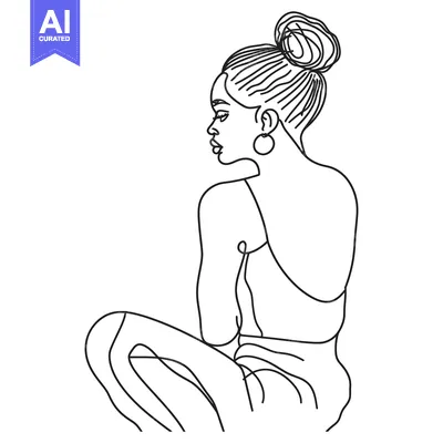 A Line Drawing of a Woman with a Bun and Hoop Earrings Sitting in Prof