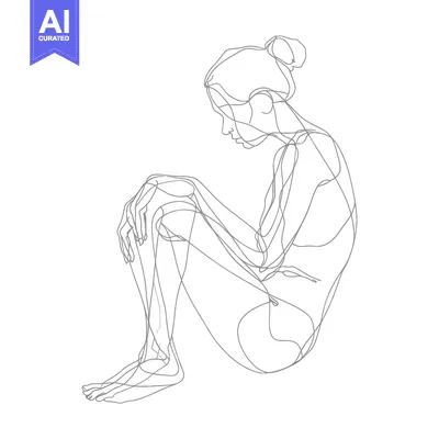 Aset premium populer: A Single Line Drawing of a Woman Sitting with Her Knees Drawn Up to He