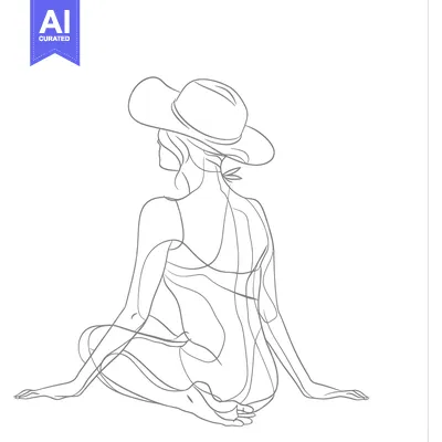 Aset desain premium: Line Drawing of a Woman in a Hat, Sitting with Legs Crossed