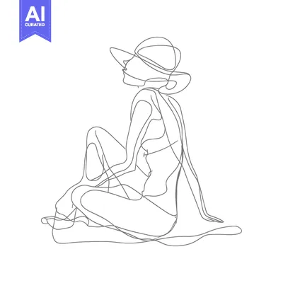 Aset desain premium: Single-Line Drawing of a Woman in a Hat Sitting
