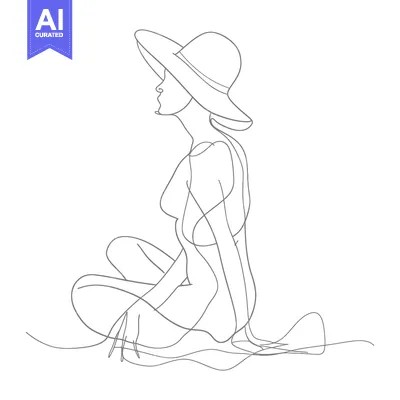 Aset desain premium: Line Art Illustration of a Woman in a Hat Sitting with Legs Crossed