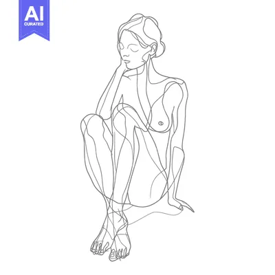 Aset premium populer: A Single-Line Drawing of a Woman Sitting with Her Chin Resting on Her