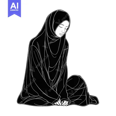 Aset desain premium: A Black and White Illustration of a Woman Wearing a Hijab Sitting on t