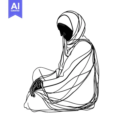 Aset premium populer: A line drawing of a woman in a hijab, sitting and looking down