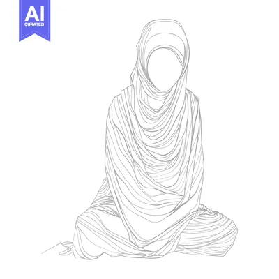 Line drawing of a woman in a hijab sitting with legs crossed