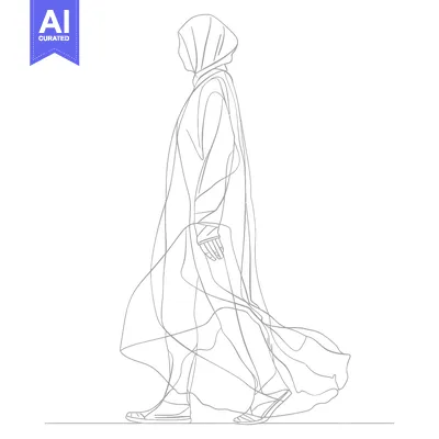 Popular premium asset: Line Drawing of a Woman in a Long Dress and Headscarf Walking