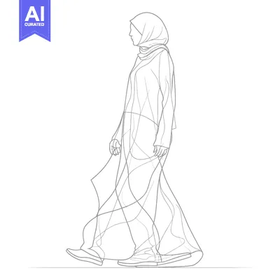 Aset desain premium: Outline Illustration of a Woman Wearing a Hijab and Abaya Walking