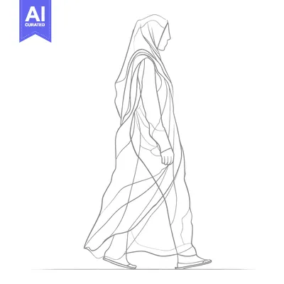Aset desain premium: A Simple Line Drawing of a Woman in a Hijab Walking
