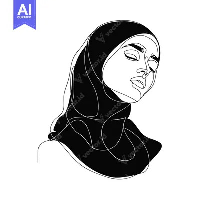 Aset desain premium: Single-Line Illustration of a Woman Wearing a Hijab