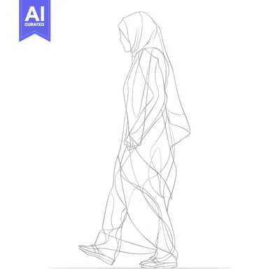 Aset desain premium: A Single-Line Drawing of a Woman in a Hijab Walking