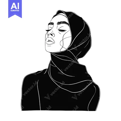 Aset premium populer: Black and White Line Art Illustration of a Woman Wearing a Hijab