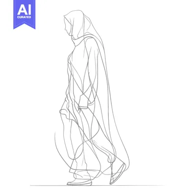 Aset premium populer: Line Drawing of a Woman Wearing a Hijab and Abaya Walking