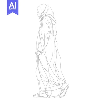 Aset desain premium: Line Art Illustration of a Woman in a Hijab Walking