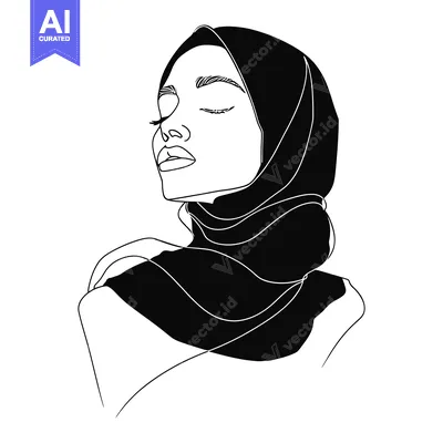 A Black and White Line Art Illustration of a Woman Wearing a Hijab