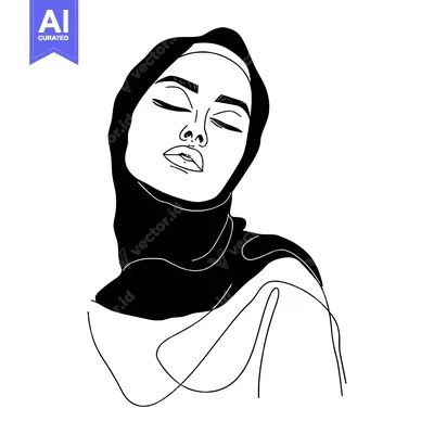 Premium design asset: Line art illustration of a woman wearing a hijab with closed eyes