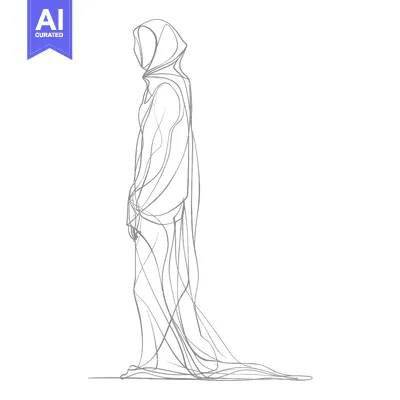 Aset desain premium: Single-Line Sketch of a Figure in a Long Robe with a Hood