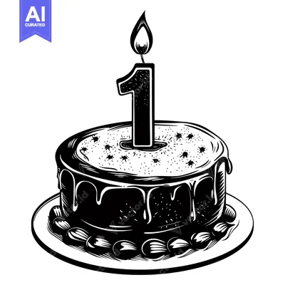Premium design asset: A Black and White Illustration of a Birthday Cake with a Single Lit Ca