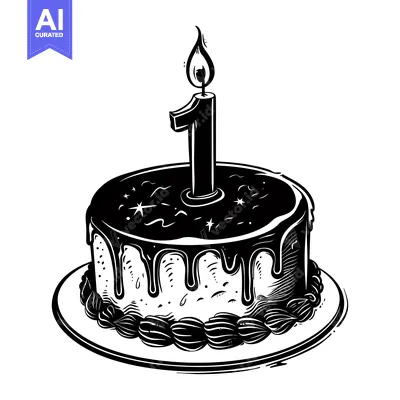 Aset premium populer: Black and White Illustration of a Birthday Cake with One Candle