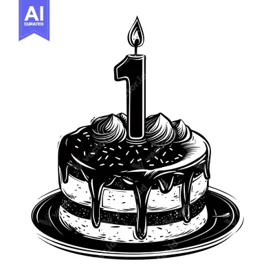 Aset desain premium: Black and White Illustration of a Birthday Cake with a Single Candle