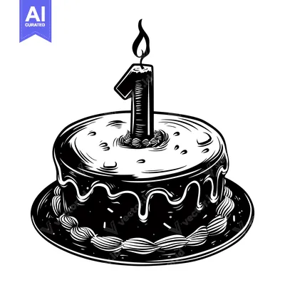 Aset premium populer: Black and White Illustration of a Birthday Cake with One Candle