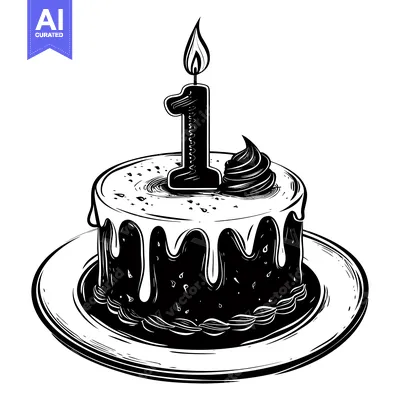 Popular premium asset: Black and White Illustration of a Birthday Cake with a Single Lit Cand